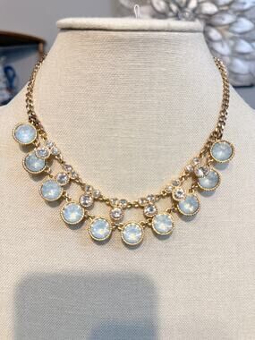 Gold Tone Opalite & Crystal Bib Statement Necklace 15”